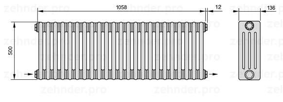 Схема (чертеж) Радиатор Zehnder Charleston 4050/23 №2670 Белый глянцевый RAL 9016